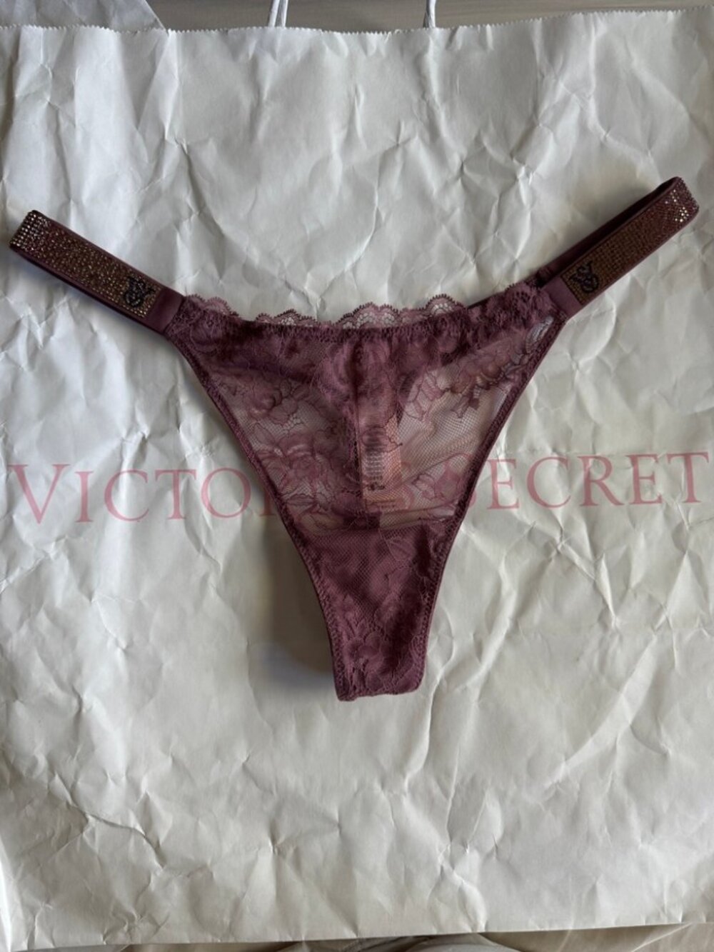 NWT Victoria's Secret Very Sexy Shine Strap Lace Thong M Rose Mauve